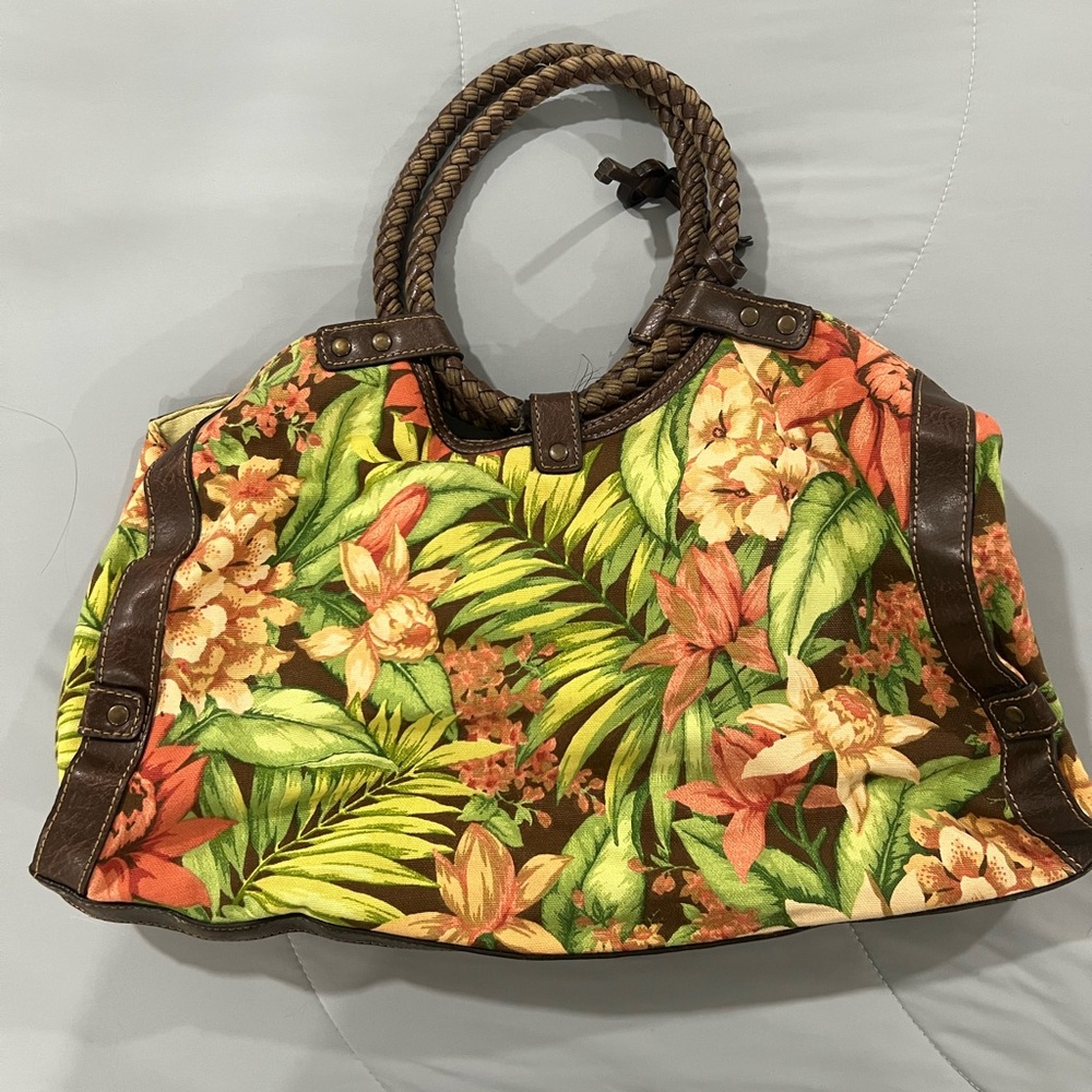 Fossil Tropical Floral Tote with Brown Accents